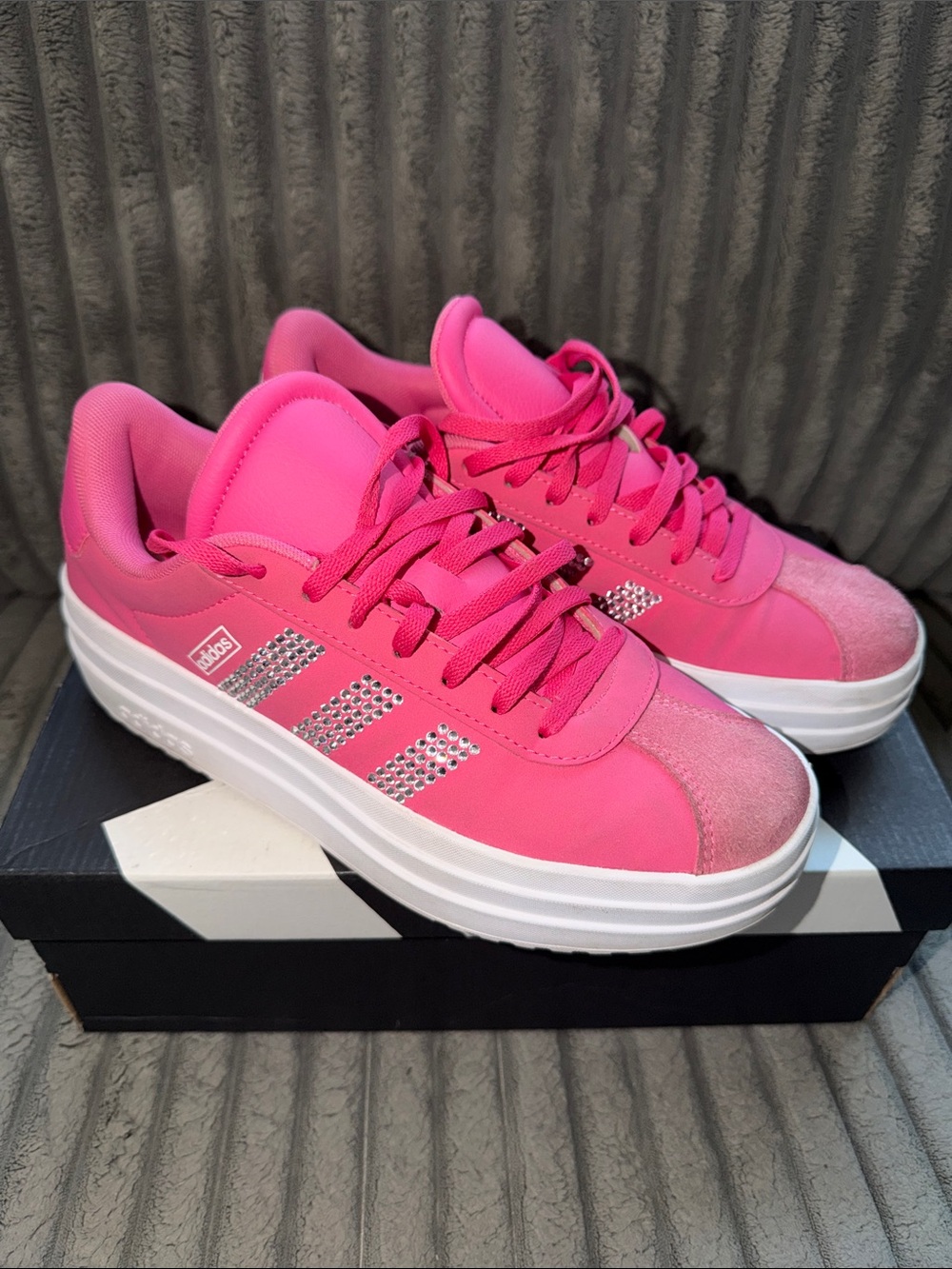 adidas VL Court Bold Pink Platform Lace-Up Sneakers with Rhinestone Stripes kids
